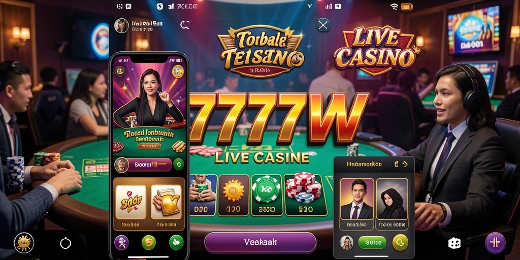Screenshot gameplay Live Casino 7777W yang menampilkan dealer langsung dan permainan kasino.