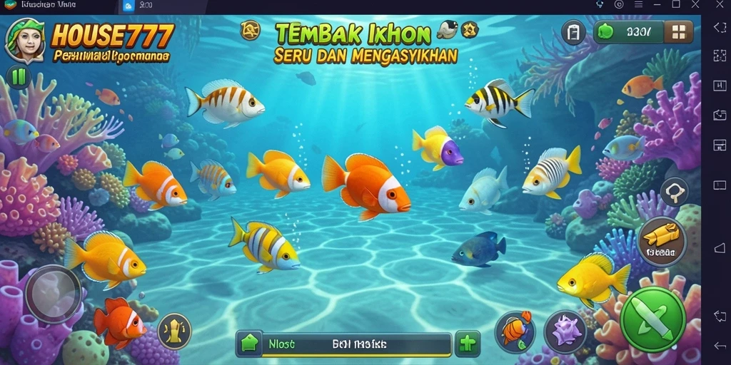 Screenshot menunjukkan gameplay seru di HOUSE777, fokus pada menembak ikan.
