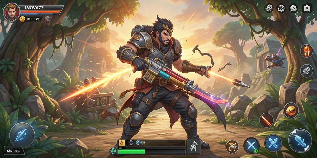 Tampilan gameplay menegangkan di INOVA77 dengan pertempuran seru.