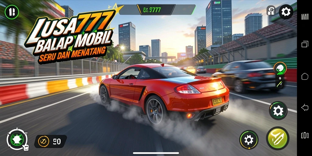 Gameplay LUSA777 menampilkan mobil balap di trek yang penuh aksi.