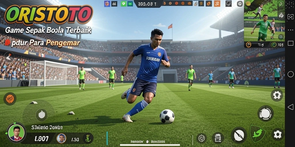 Tangkapan layar gameplay ORISTOTO menampilkan aksi seru di lapangan hijau.