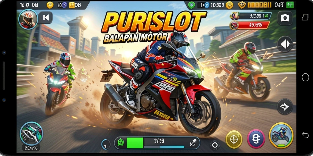 Screenshot gameplay PURISLOT menampilkan balapan motor yang seru.