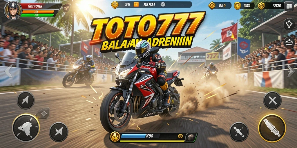 Tampilan seru gameplay TOTO777 dengan balapan motor yang mendebarkan.