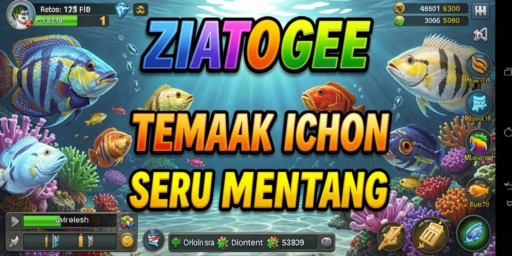 Tampilan gameplay seru dalam ZIATOGEL dengan berbagai jenis ikan.