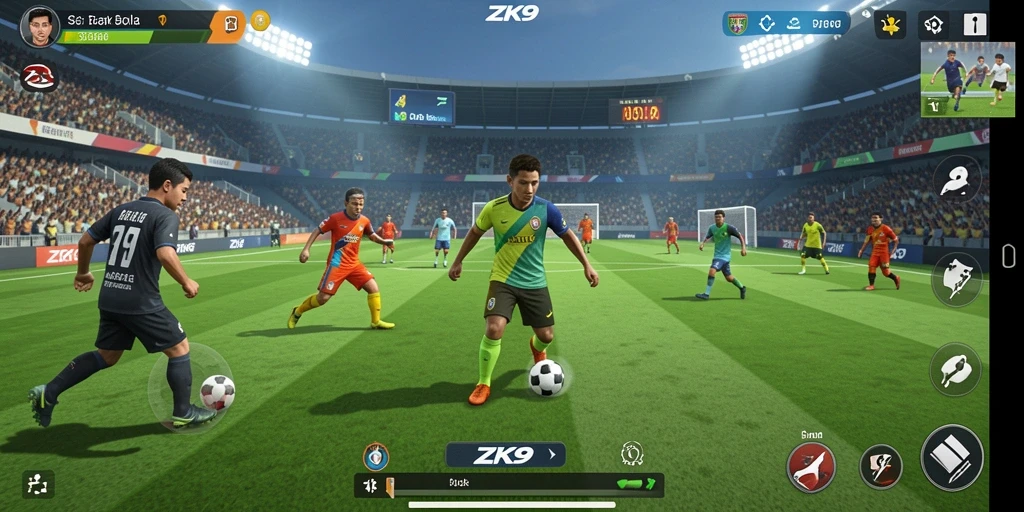 Menampilkan aksi seru dalam game sepak bola ZK9.
